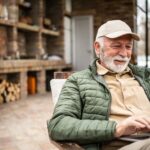 an older man sitting outside and using a laptop to plan retirement investments