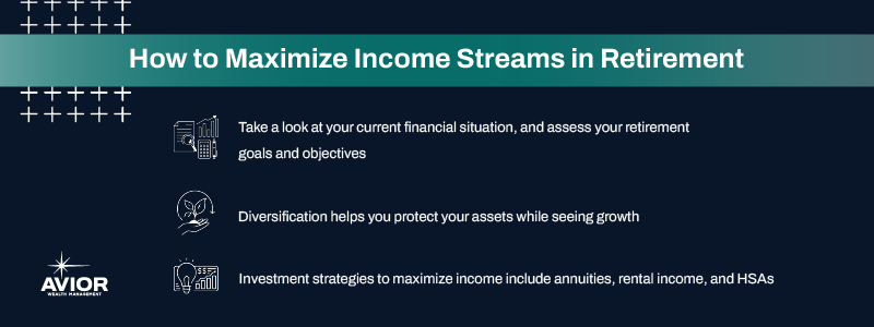 Key takeaways:

Take a look at your current financial situation, and assess your retirement goals and objectives
Diversification helps you protect your assets while seeing growth
Investment strategies to maximize income include annuities, rental income, and HSAs
