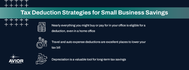 Key Takeaways:
Nearly everything you might buy or pay for in your office is eligible for a deduction, even in a home office.
Travel and auto expense deductions are excellent places to lower your tax bill.
Depreciation is a valuable tool for long-term tax savings.
