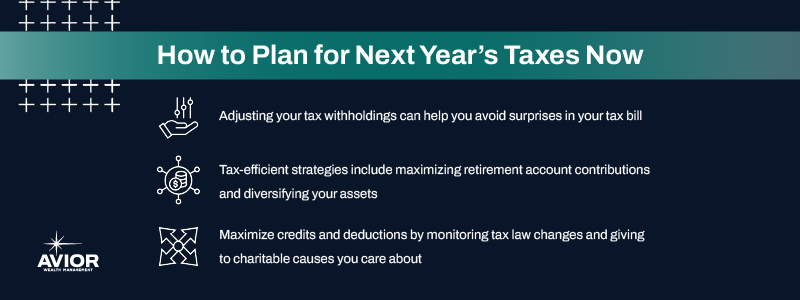 Key takeaways:

Adjusting your tax withholdings can help you avoid surprises in your tax bill.
Tax-efficient strategies include maximizing retirement account contributions and diversifying your assets.
Maximize credits and deductions by monitoring tax law changes and giving to charitable causes you care about.
