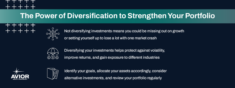 Key takeaways:

Not diversifying investments means you could be missing out on growth or setting yourself up to lose a lot with one market crash.
Diversifying your investments helps protect against volatility, improve returns, and gain exposure to different industries.
Identify your goals, allocate your assets accordingly, consider alternative investments, and review your portfolio regularly.
