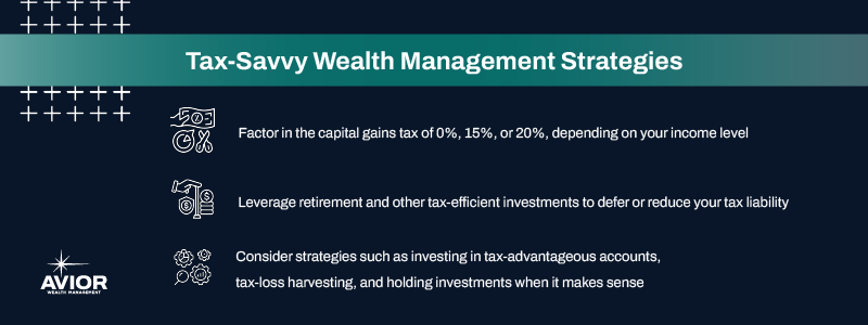 Key takeaways:

Factor in the capital gains tax of 0%, 15%, or 20%, depending on your income level.
Leverage retirement and other tax-efficient investments to defer or reduce your tax liability.
Consider strategies such as investing in tax-advantageous accounts, tax-loss harvesting, and holding investments when it makes sense.

