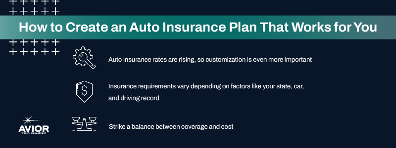 Key Takeaways:
Auto insurance rates are rising, so customization is even more important.
Insurance requirements vary depending on factors like your state, car, and driving record.
Strike a balance between coverage and cost.
