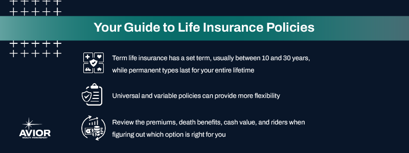 Key takeaways:

Term life insurance has a set term, usually between 10 and 30 years, while permanent types last for your entire lifetime.
Universal and variable policies can provide more flexibility.
Review the premiums, death benefits, cash value, and riders when figuring out which option is right for you.
