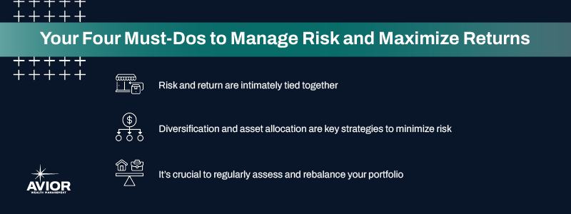 Key Takeaways:
Risk and return are intimately tied together.
Diversification and asset allocation are key strategies to minimize risk.
It’s crucial to regularly assess and rebalance your portfolio.
