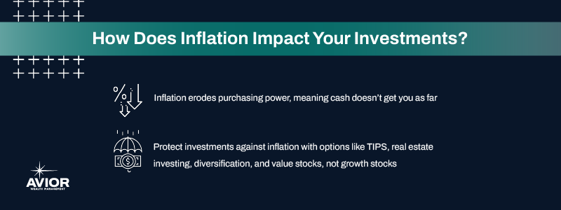 Key takeaways:

Inflation erodes purchasing power, meaning cash doesn’t get you as far     
Protect investments against inflation with options like TIPS, real estate investing, diversification, and value stocks, not growth stocks
