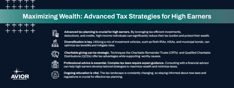 Key takeaways:


Advanced tax planning is crucial for high earners. By leveraging tax-efficient investments, deductions, and credits, high-income individuals can significantly reduce their tax burden and protect their wealth.
Diversification is key. Utilizing a mix of investment vehicles, such as Roth IRAs, HSAs, and municipal bonds, can optimize tax benefits and mitigate risks.
Charitable giving can be strategic. Techniques like Charitable Remainder Trusts (CRTs) and Qualified Charitable Distributions (QCDs) offer tax advantages while supporting worthy causes.
Professional advice is essential. Complex tax laws require expert guidance. Consulting with a financial advisor can help high earners develop tailored strategies to maximize wealth and minimize taxes.
Ongoing education is vital. The tax landscape is constantly changing, so staying informed about new laws and regulations is crucial for effective tax planning.
