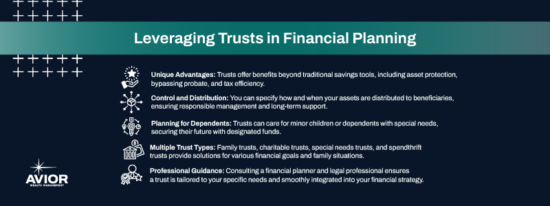 Key takeaways:

Unique Advantages: Trusts offer benefits beyond traditional savings tools, including asset protection, bypassing probate, and tax efficiency.
Control and Distribution: You can specify how and when your assets are distributed to beneficiaries, ensuring responsible management and long-term support.
Planning for Dependents: Trusts can care for minor children or dependents with special needs, securing their future with designated funds.
Multiple Trust Types: Family trusts, charitable trusts, special needs trusts, and spendthrift trusts provide solutions for various financial goals and family situations.
Professional Guidance: Consulting a financial planner and legal professional ensures a trust is tailored to your specific needs and smoothly integrated into your financial strategy.