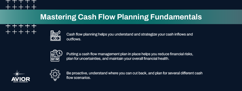 Key takeaways:

Cash flow planning helps you understand and strategize your cash inflows and outflows.
Putting a cash flow management plan in place helps you reduce financial risks, plan for uncertainties, and maintain your overall financial health.
Be proactive, understand where you can cut back, and plan for several different cash flow scenarios.
