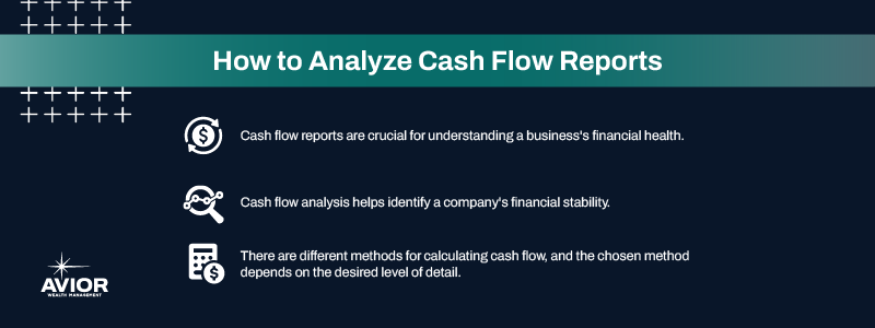 Key Takeaways:

Cash flow reports are crucial for understanding a business's financial health.
Cash flow analysis helps identify a company's financial stability.
There are different methods for calculating cash flow, and the chosen method depends on the desired level of detail.
