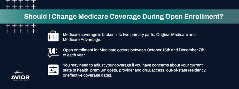 Key takeaways:

Medicare coverage is broken into two primary parts: Original Medicare and Medicare Advantage.
Open enrollment for Medicare occurs between October 15th and December 7th of each year.
You may need to adjust your coverage if you have concerns about your current state of health, premium costs, provider and drug access, out-of-state residency, or effective coverage dates.
