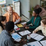 A group of employees working on risk management in the office.