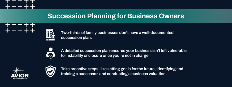 Key takeaways:

Two-thirds of family businesses don’t have a well-documented succession plan. 
A detailed succession plan ensures your business isn’t left vulnerable to instability or closure once you’re not in charge.
Take proactive steps, like setting goals for the future, identifying and training a successor, and conducting a business valuation.
