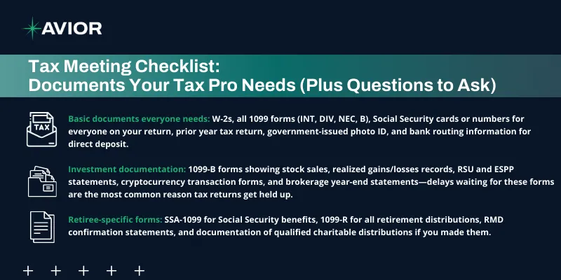 Tax meeting checklist showing key documents needed to document your tax accurately before meeting a tax professional
