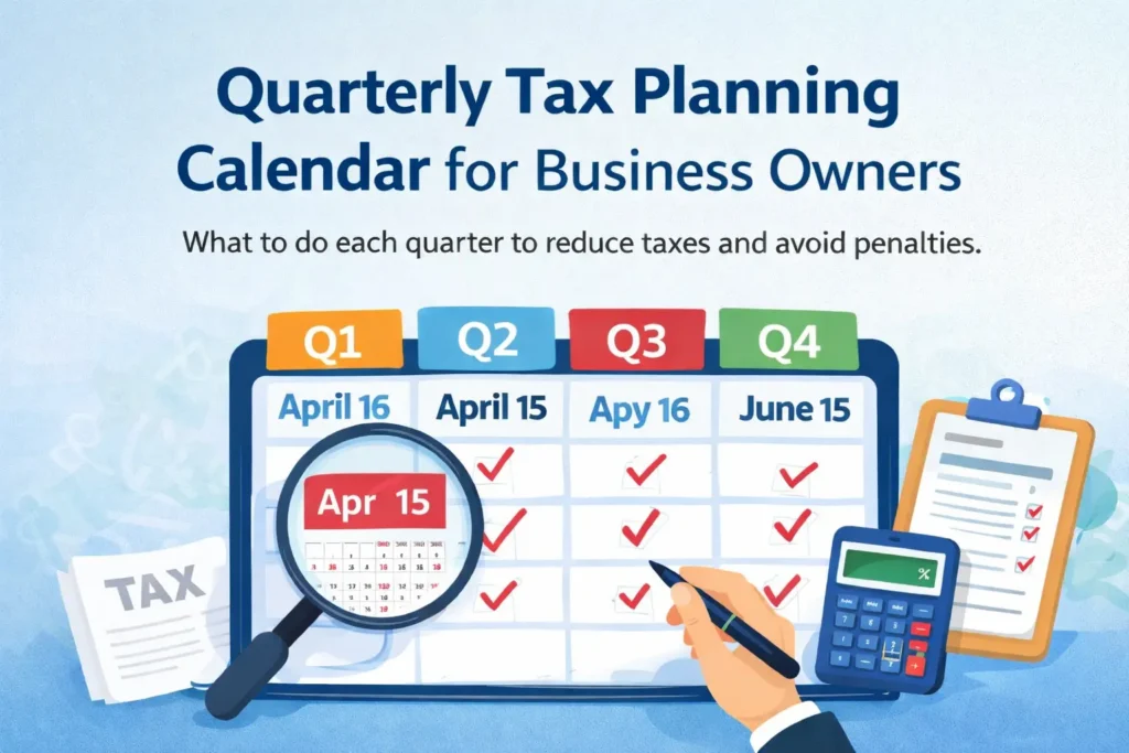 Quarterly tax planning calendar illustration highlighting key deadlines and tasks business owners should complete each quarter.