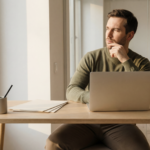 MAN IN FRONT OF LAPTOP THINKING FOR HIS SUCCESSION PLANNING