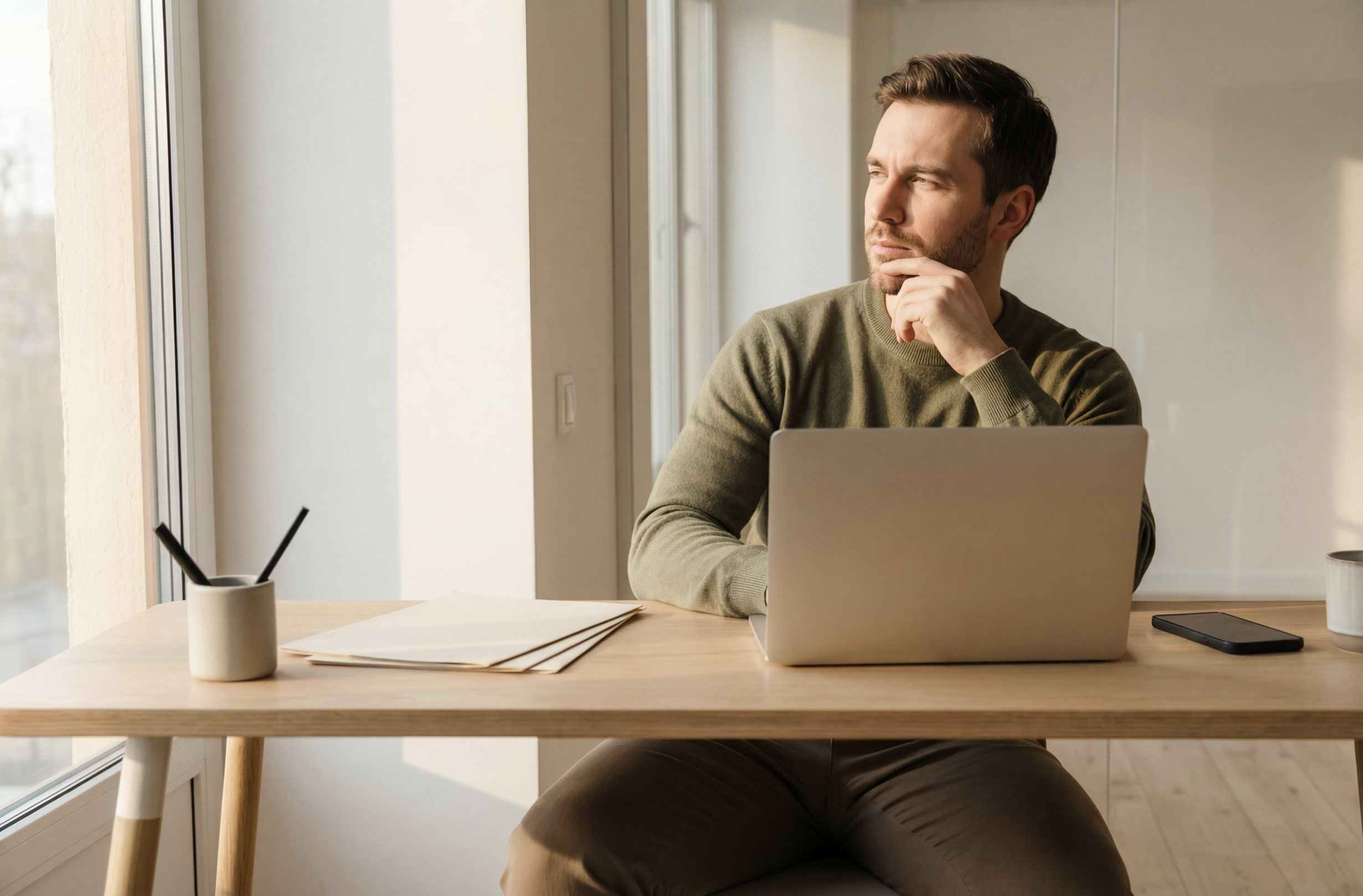 MAN IN FRONT OF LAPTOP THINKING FOR HIS SUCCESSION PLANNING