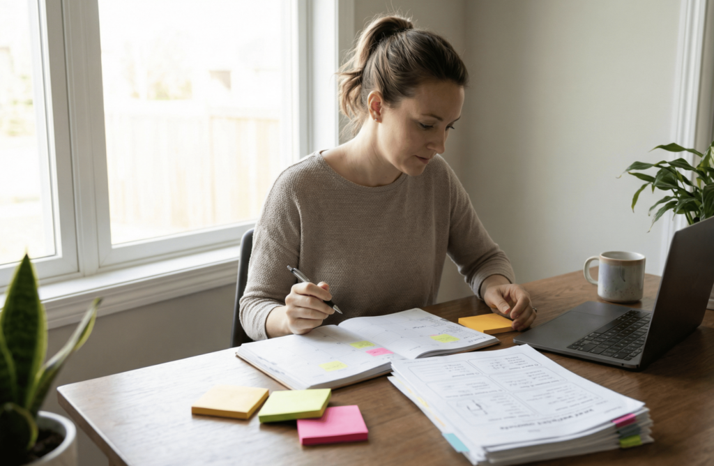 a lady in fornt of laptop and notebook making plans