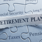 Retirement plan concept with puzzle pieces showing Social Security, taxes, pension, IRA, Medicare, and long-term care.
