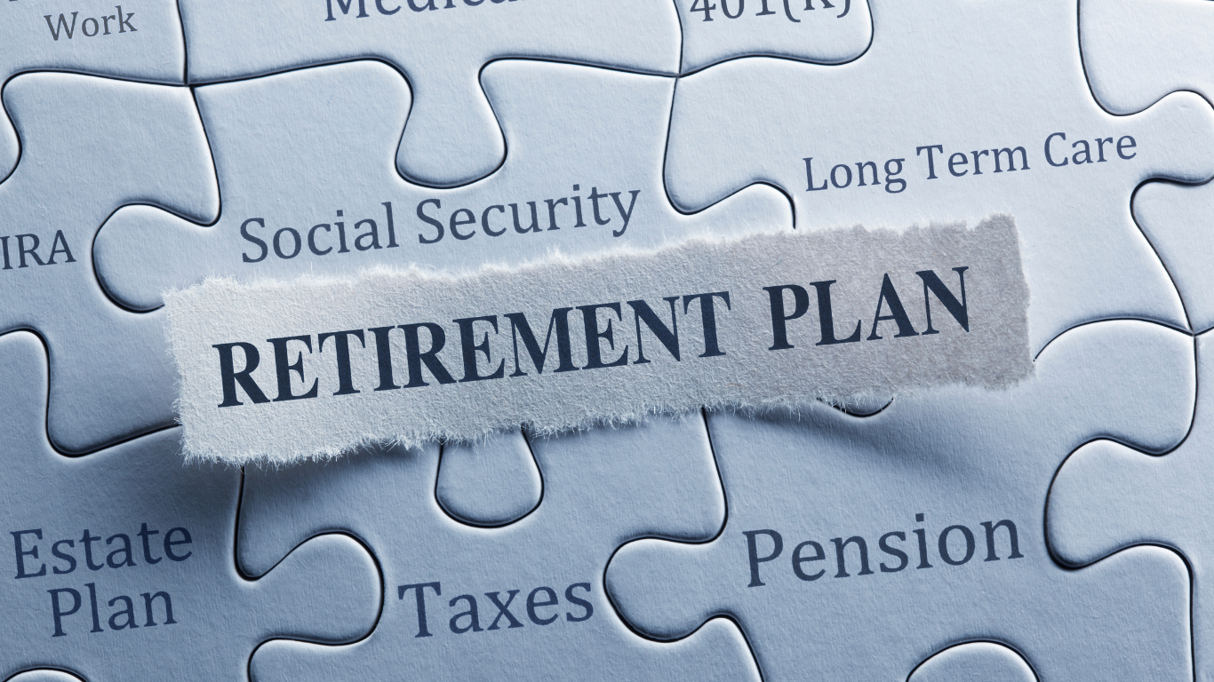 Retirement plan concept with puzzle pieces showing Social Security, taxes, pension, IRA, Medicare, and long-term care.